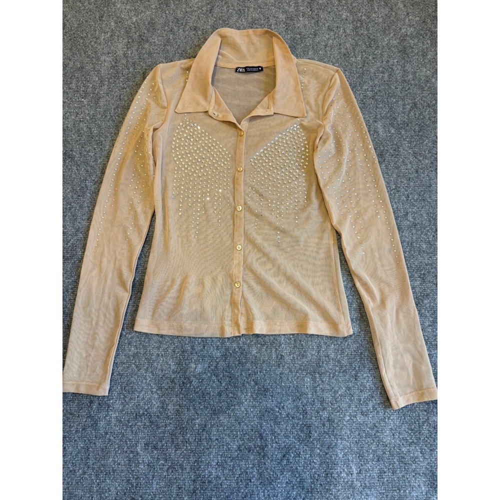 Zara Women Tan Mesh Rhinestone Button Down Long Sleeve Shirt Small Sparkle Top